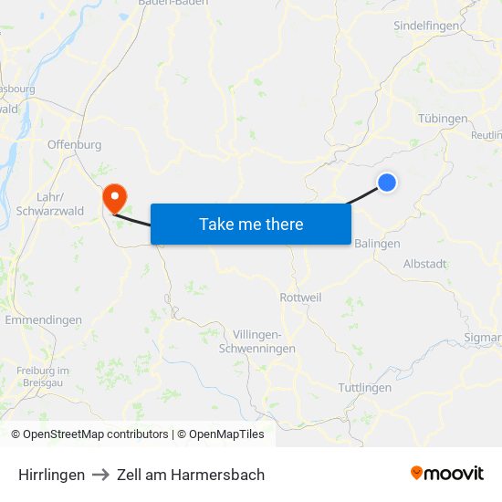 Hirrlingen to Zell am Harmersbach map