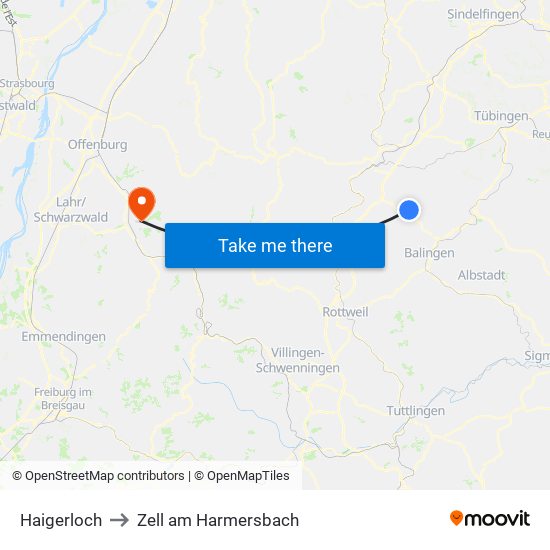Haigerloch to Zell am Harmersbach map