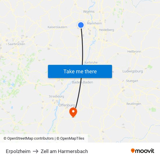 Erpolzheim to Zell am Harmersbach map