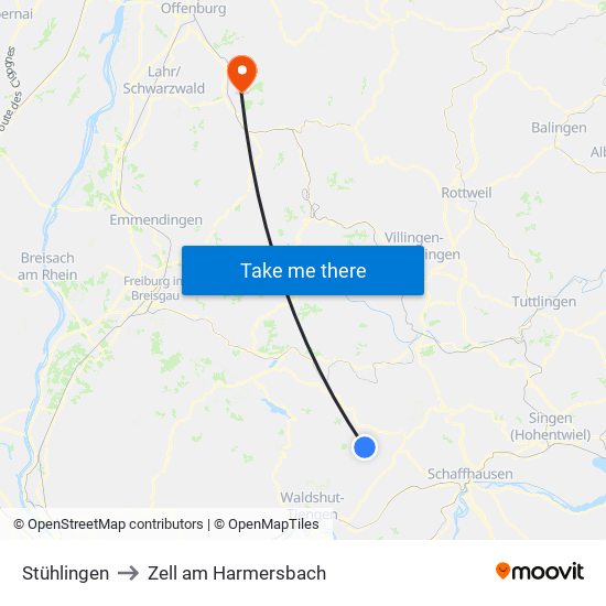 Stühlingen to Zell am Harmersbach map