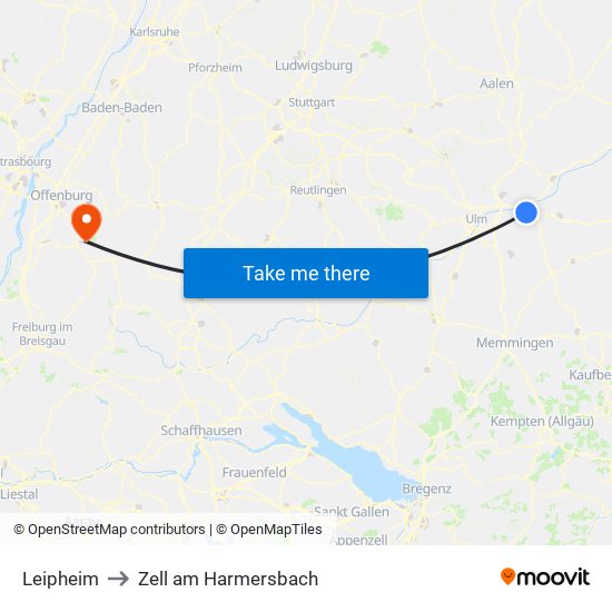 Leipheim to Zell am Harmersbach map