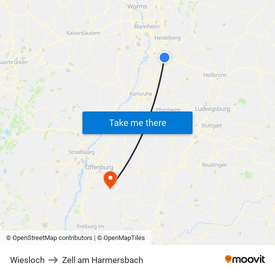 Wiesloch to Zell am Harmersbach map