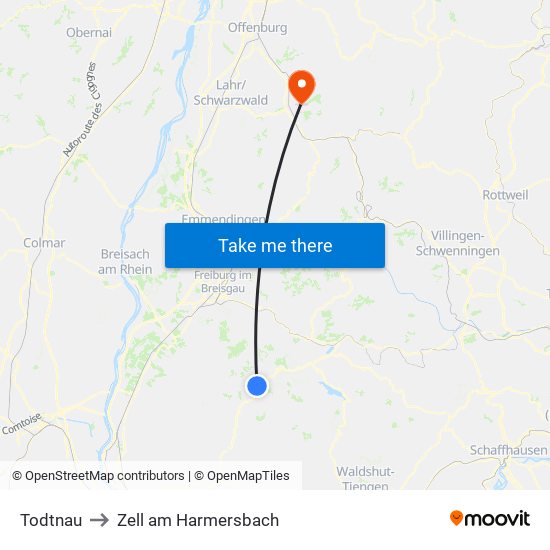 Todtnau to Zell am Harmersbach map