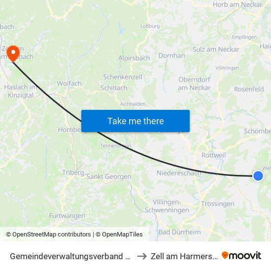 Gemeindeverwaltungsverband Heuberg to Zell am Harmersbach map