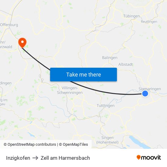 Inzigkofen to Zell am Harmersbach map