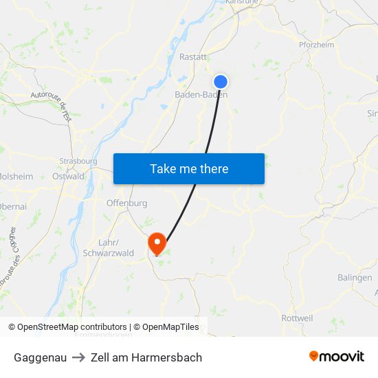 Gaggenau to Zell am Harmersbach map