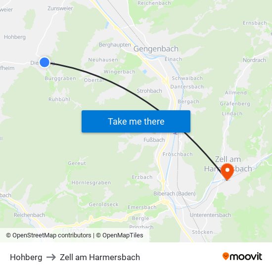 Hohberg to Zell am Harmersbach map