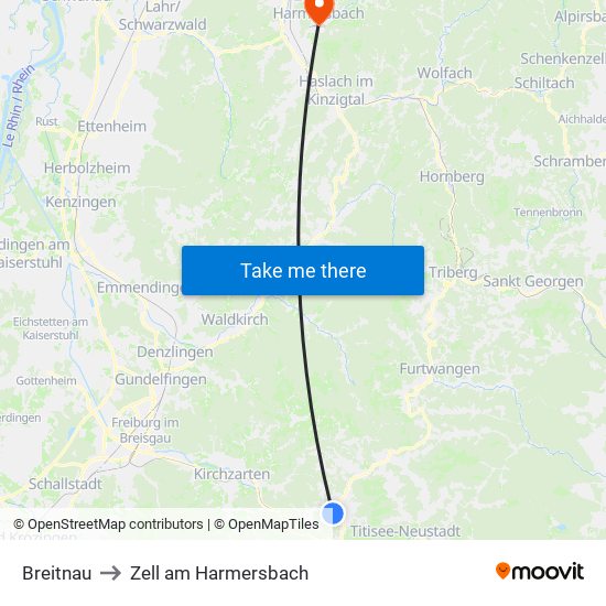 Breitnau to Zell am Harmersbach map