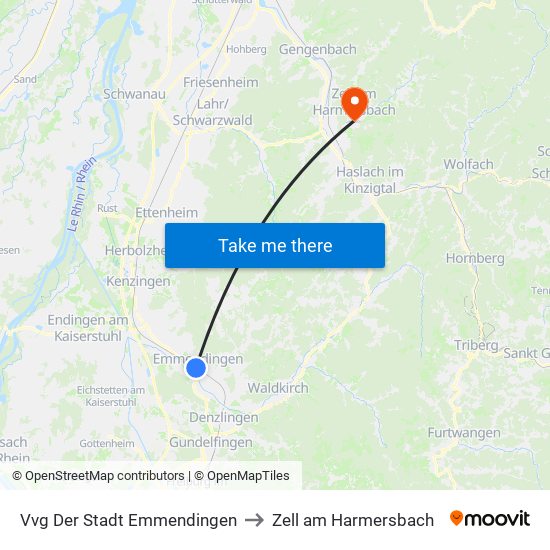 Vvg Der Stadt Emmendingen to Zell am Harmersbach map