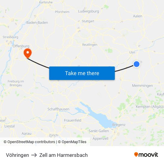 Vöhringen to Zell am Harmersbach map