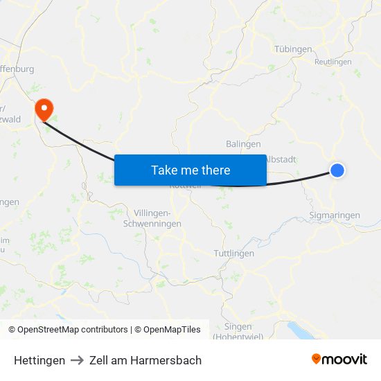 Hettingen to Zell am Harmersbach map