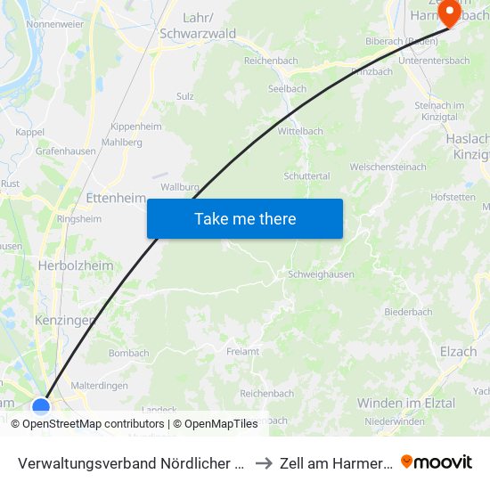 Verwaltungsverband Nördlicher Kaiserstuhl to Zell am Harmersbach map