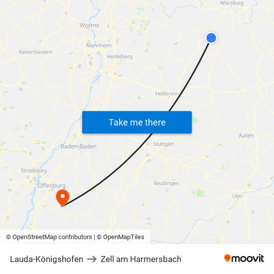 Lauda-Königshofen to Zell am Harmersbach map