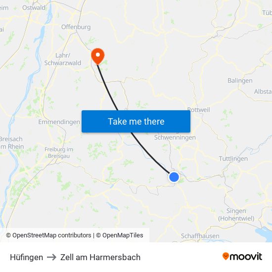 Hüfingen to Zell am Harmersbach map