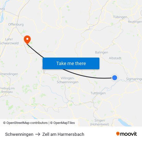 Schwenningen to Zell am Harmersbach map