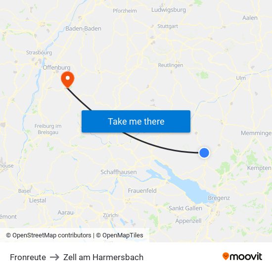 Fronreute to Zell am Harmersbach map