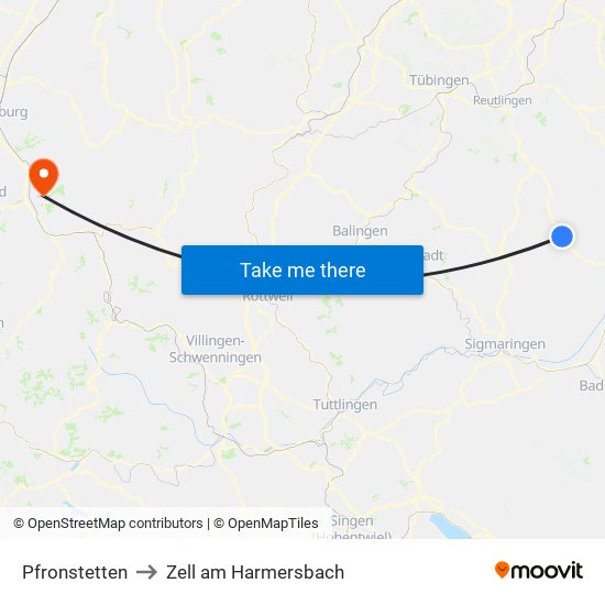 Pfronstetten to Zell am Harmersbach map