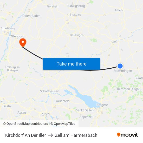 Kirchdorf An Der Iller to Zell am Harmersbach map