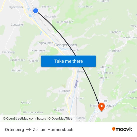 Ortenberg to Zell am Harmersbach map