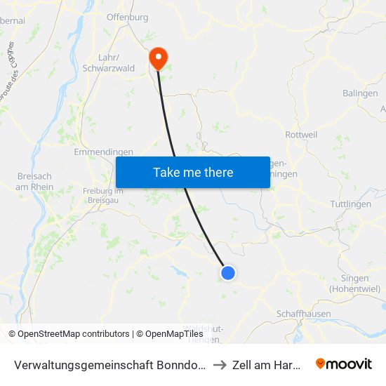 Verwaltungsgemeinschaft Bonndorf Im Schwarzwald to Zell am Harmersbach map