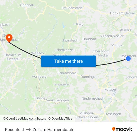 Rosenfeld to Zell am Harmersbach map