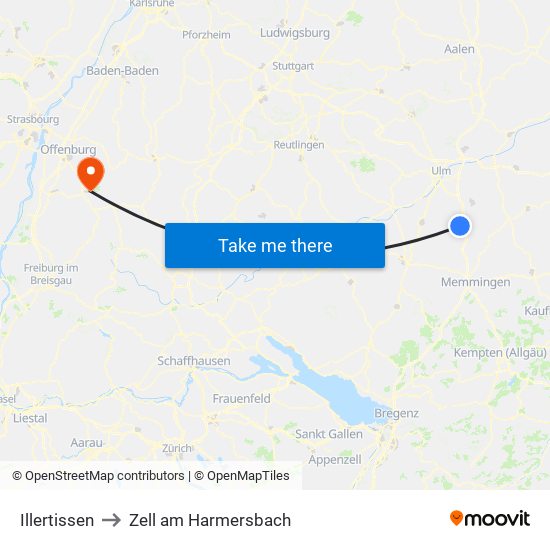 Illertissen to Zell am Harmersbach map