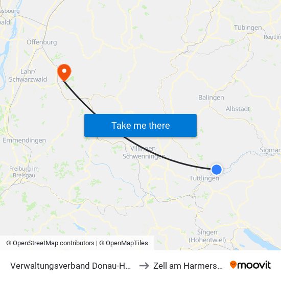 Verwaltungsverband Donau-Heuberg to Zell am Harmersbach map