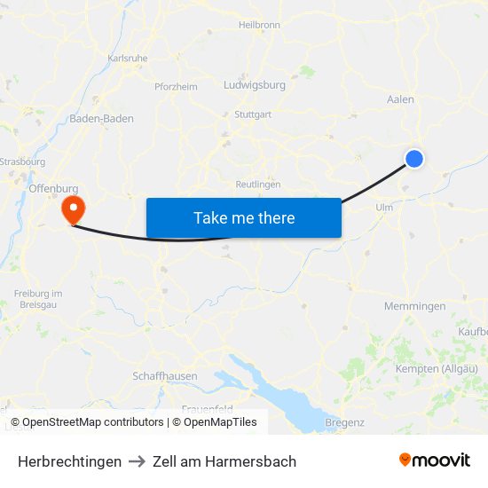 Herbrechtingen to Zell am Harmersbach map