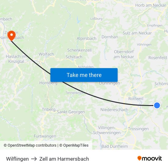 Wilflingen to Zell am Harmersbach map