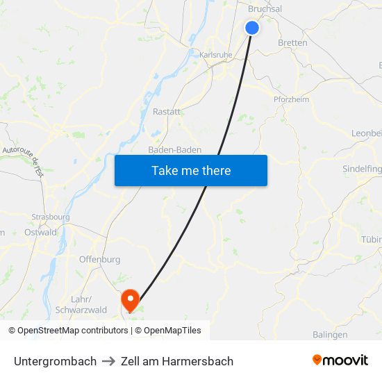 Untergrombach to Zell am Harmersbach map
