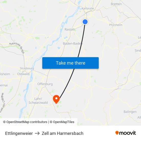 Ettlingenweier to Zell am Harmersbach map