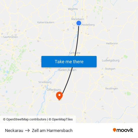 Neckarau to Zell am Harmersbach map