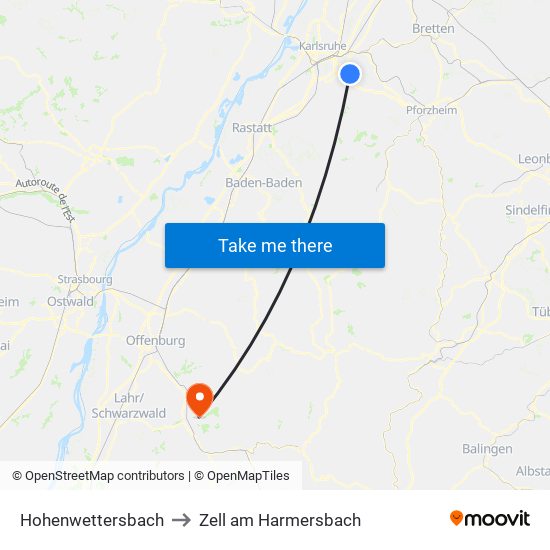 Hohenwettersbach to Zell am Harmersbach map