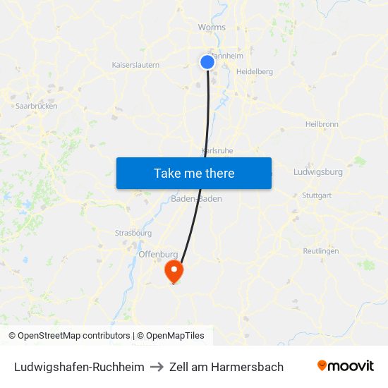 Ludwigshafen-Ruchheim to Zell am Harmersbach map
