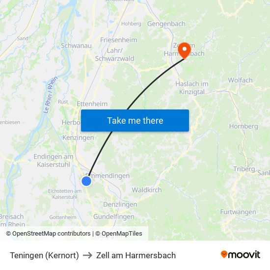Teningen (Kernort) to Zell am Harmersbach map