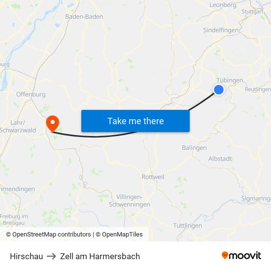 Hirschau to Zell am Harmersbach map