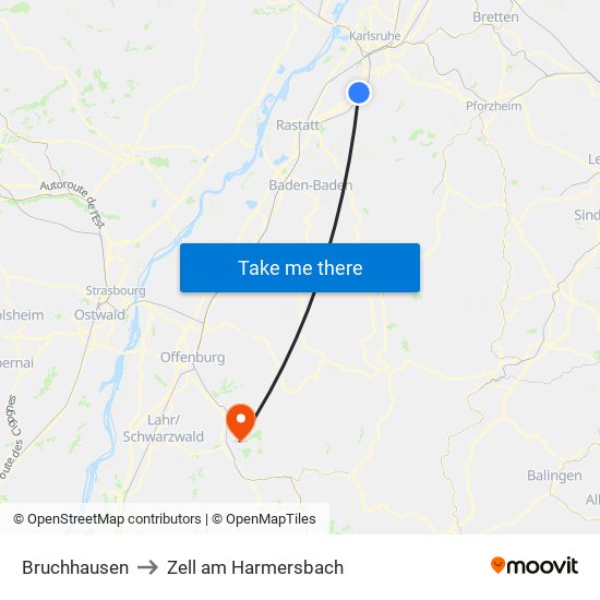 Bruchhausen to Zell am Harmersbach map