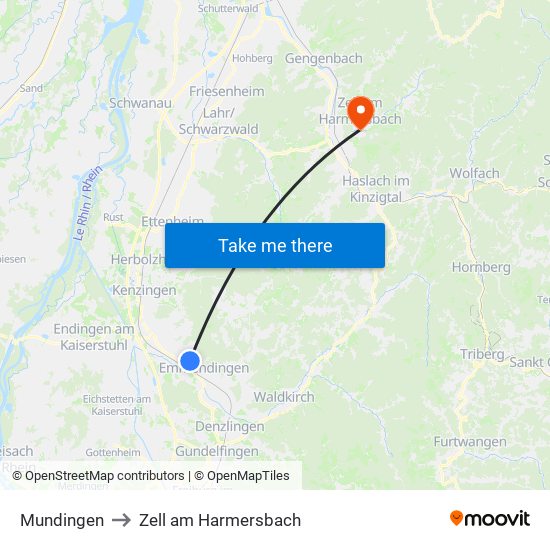 Mundingen to Zell am Harmersbach map