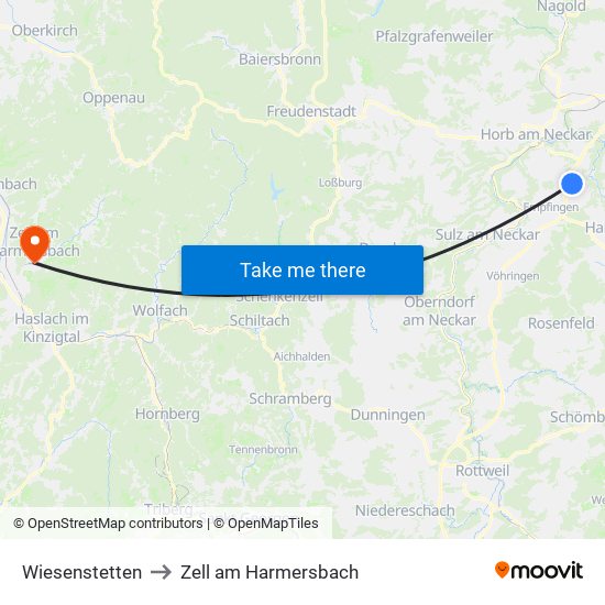 Wiesenstetten to Zell am Harmersbach map