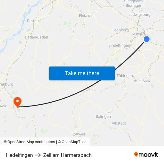 Hedelfingen to Zell am Harmersbach map
