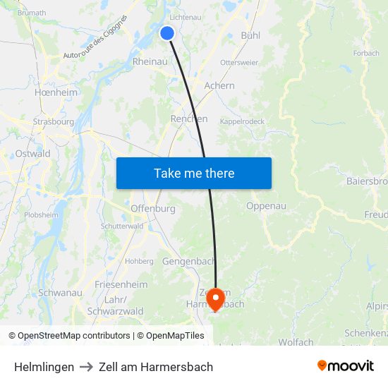 Helmlingen to Zell am Harmersbach map