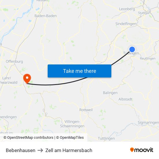 Bebenhausen to Zell am Harmersbach map