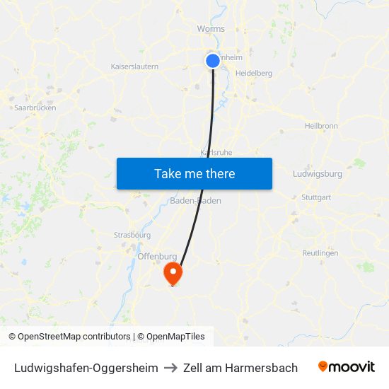 Ludwigshafen-Oggersheim to Zell am Harmersbach map