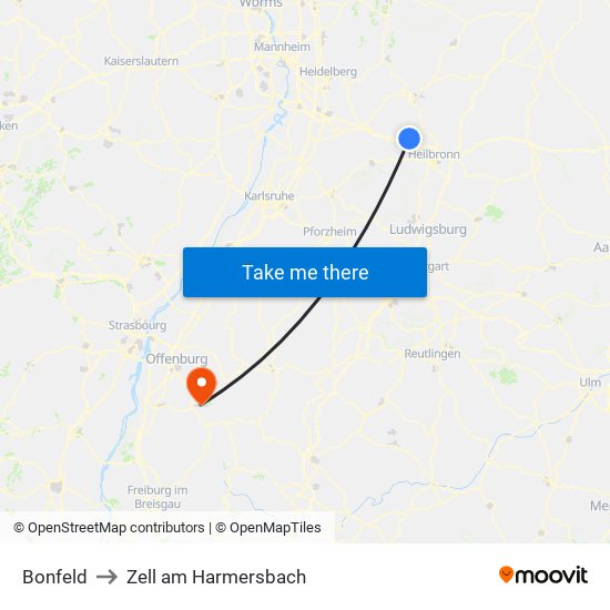 Bonfeld to Zell am Harmersbach map