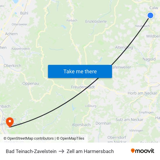 Bad Teinach-Zavelstein to Zell am Harmersbach map