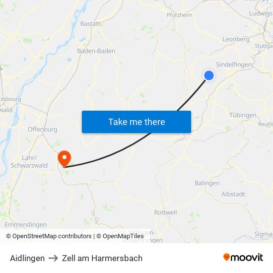 Aidlingen to Zell am Harmersbach map