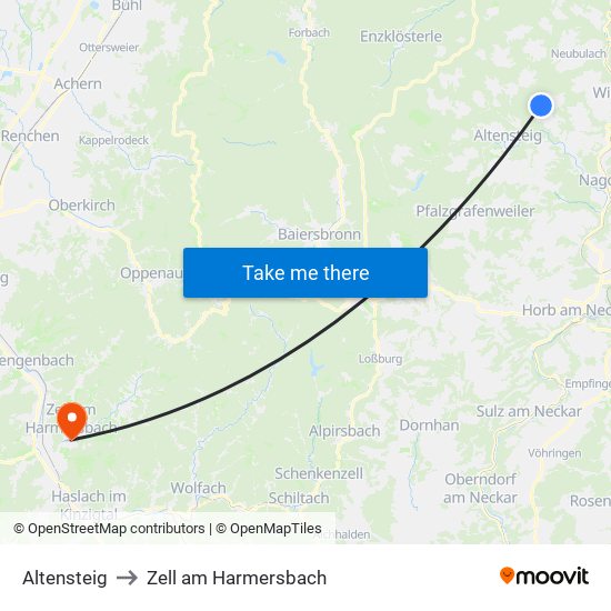 Altensteig to Zell am Harmersbach map