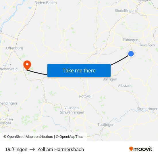 Dußlingen to Zell am Harmersbach map