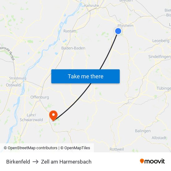 Birkenfeld to Zell am Harmersbach map