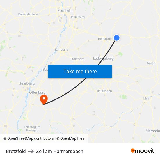 Bretzfeld to Zell am Harmersbach map